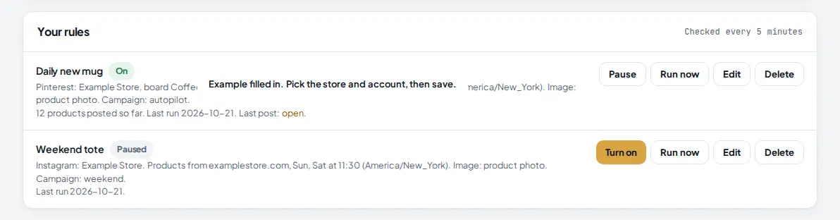 Your rules list with a daily Pinterest rule that is on and has posted 12 products, and a paused weekend Instagram rule