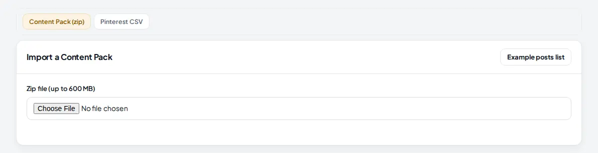 Import a Content Pack card with the zip file field and the Example posts list button