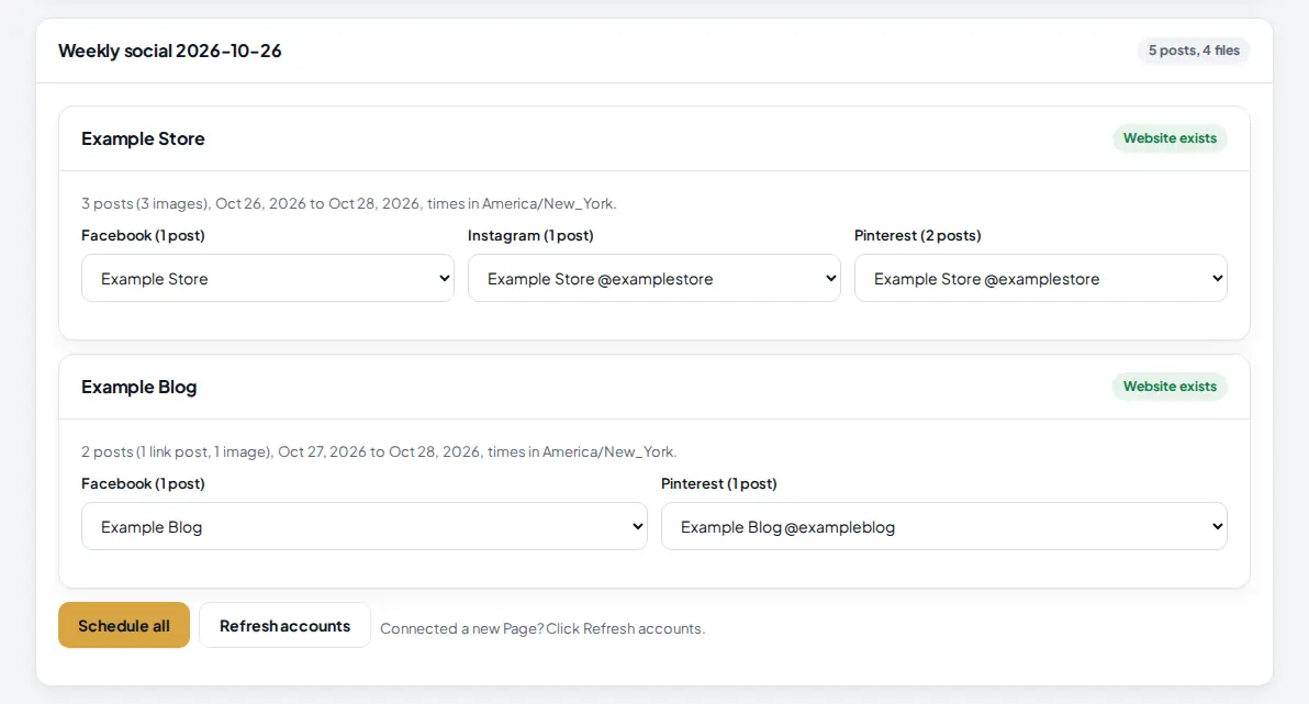 Content Pack preview with two websites, the number of posts and dates for each, and the Facebook, Instagram and Pinterest account chosen for each website