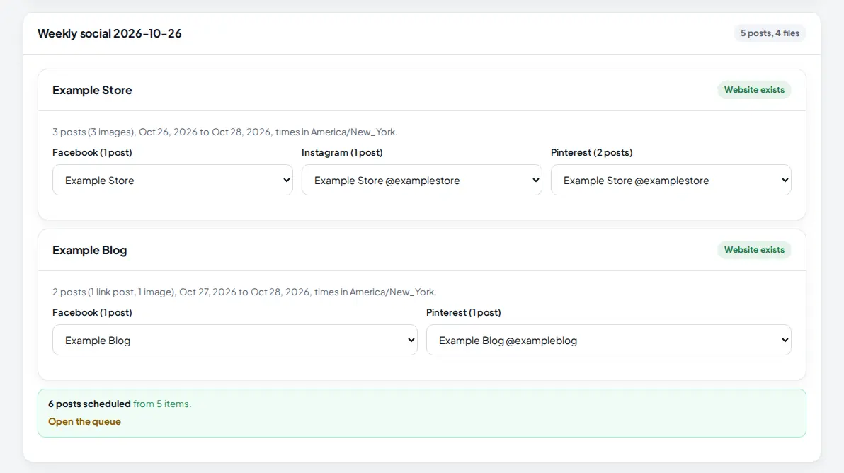 The pack preview with a green note saying 6 posts scheduled from 5 items and a link to the queue