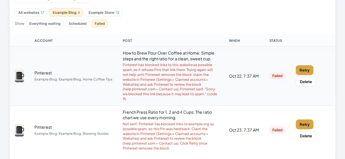 Failed posts for Example Blog: one Pin refused because Pinterest blocked the website's links as spam, code 9, and one Pin held back for the same website
