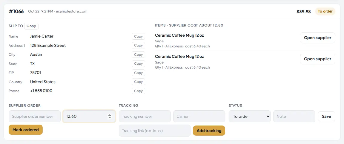 An order in the orders desk with the ship to address, the items with their supplier cost, and the Cost paid field filled in