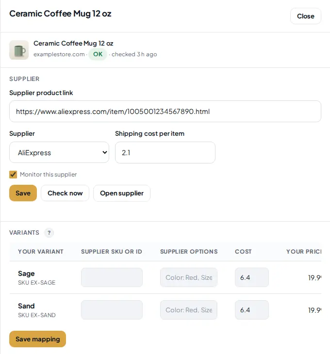 Product details panel with the supplier link, the shipping cost per item and the cost of each variant