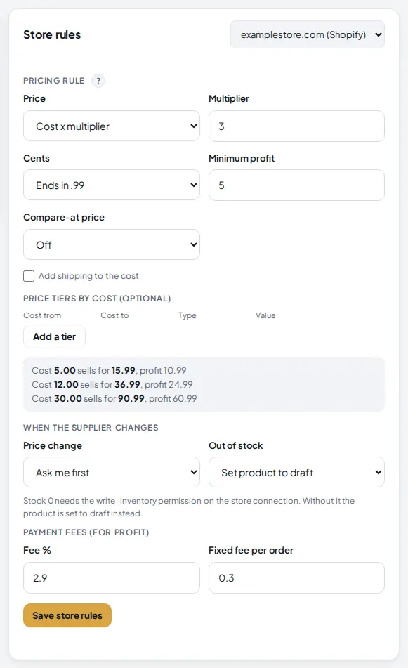 Store rules card with the pricing rule, its price preview, the Price change setting Ask me first and the Out of stock setting Set product to draft