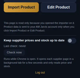 Extension popup bottom with the Keep supplier prices and stock up to date switch turned off and the explanation under it