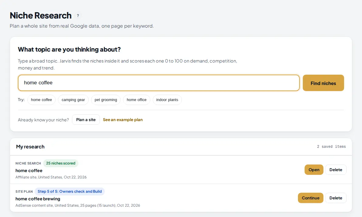 The Niche Research home with home coffee typed in the What topic are you thinking about box, the Find niches button, Try chips, and My research with a saved niche search and its Open button.