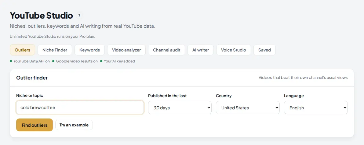 YouTube Studio with the Outliers tab and the Outlier finder form: niche cold brew coffee, published in the last 30 days, country United States, language English, and the Find outliers button.