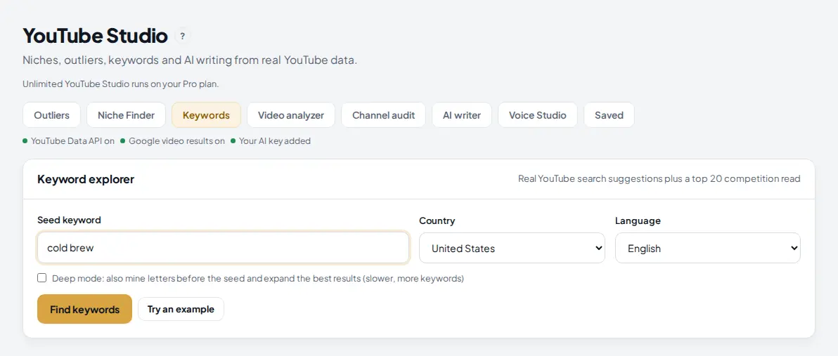 The Keyword explorer form: seed keyword cold brew, country United States, language English, a Deep mode checkbox and the Find keywords button.