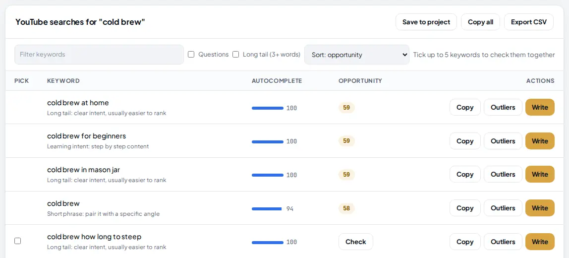 The keyword table sorted by opportunity, with checked keywords showing an opportunity score such as 59 next to their autocomplete bar.